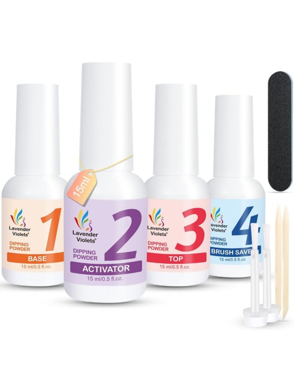 Lavender Violets Dip Powder Liquid Set - Activator, Base & Top Coat, Nail Tools